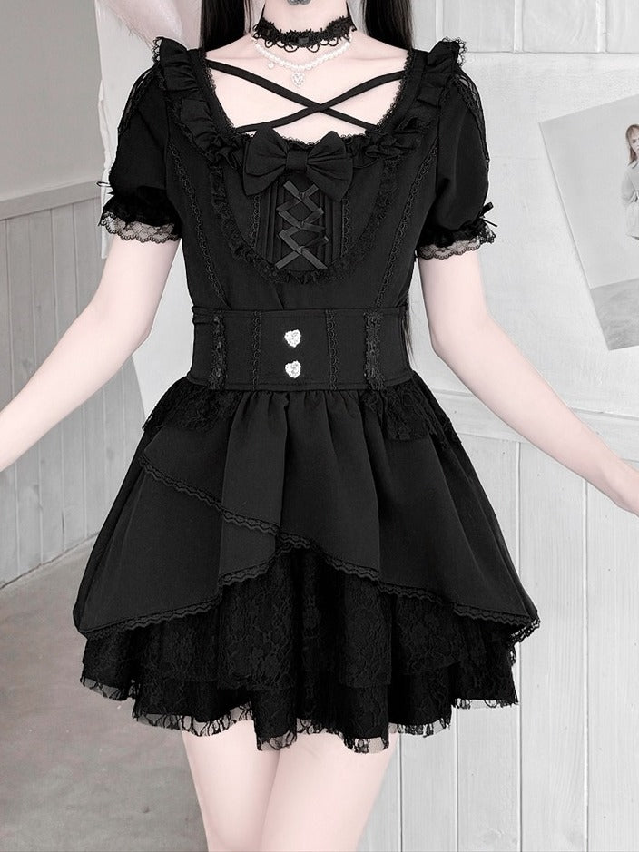 Jirai-Kei Black High-Waisted Lace Skirt - Jiuniang Cherry