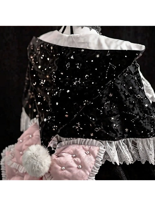 Witch-Themed Cross Accent Lolita JSK Full Ensemble in Black and Pink with Bow Train, Cape, Detachable Sleeves, Hat and Outer Sleeves - Felinae Cookie