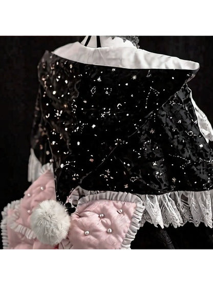 Witch-Themed Cross Accent Lolita JSK Full Ensemble in Black and Pink with Bow Train, Cape, Detachable Sleeves, Hat and Outer Sleeves - Felinae Cookie