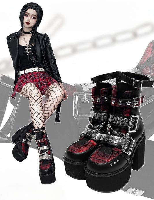 Black & Red Punk Rectangle Metal Plates Buckle Straps  Platform High Block Heels with Studs and Chain