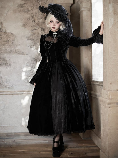 Dress Sleeves Lolita Mesh Gothic with Long Black Heart Neckline Illusion Velvet