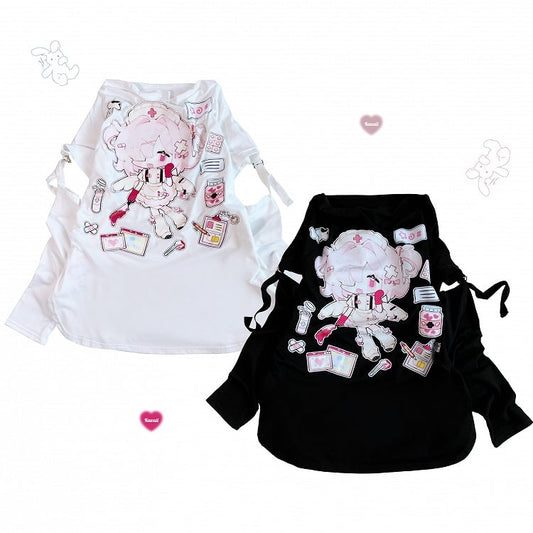 Black/White Yami Kawaii Cartoon Print Patchwork Sleeves Jirai Kei Top