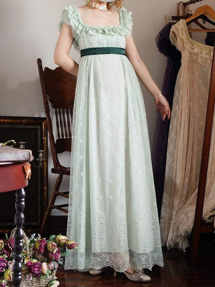 Elegant Empire Waist Dress with Puff Sleeves in Soft Green - Eden Planet