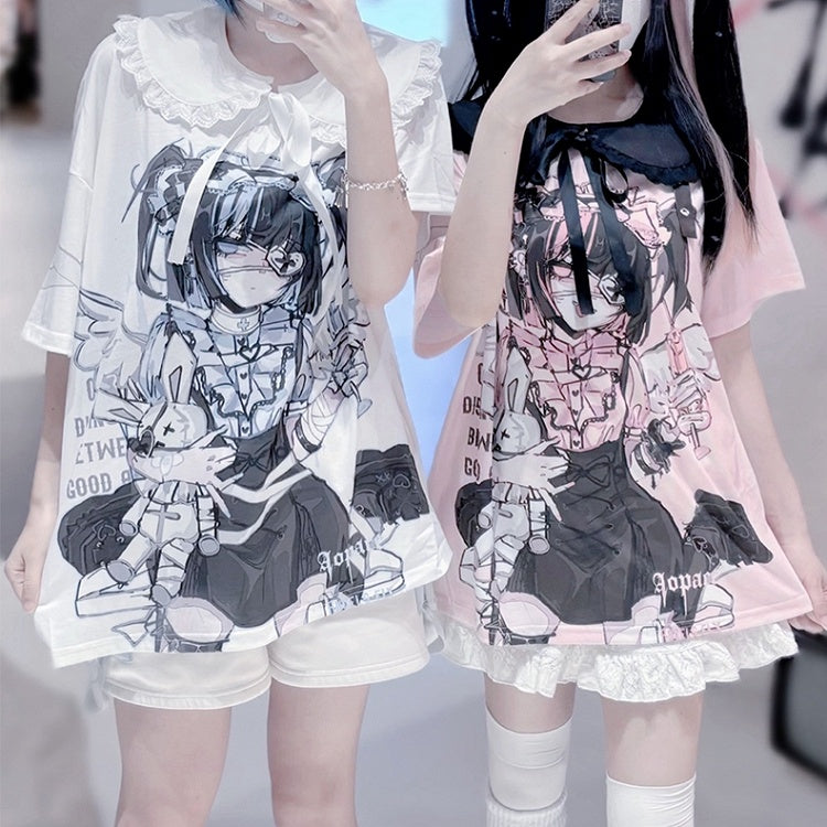Dark with Cute Pan Anime Kawaii Detachable Yami Collar Print / Peter T-shirt: Cotton White Pink