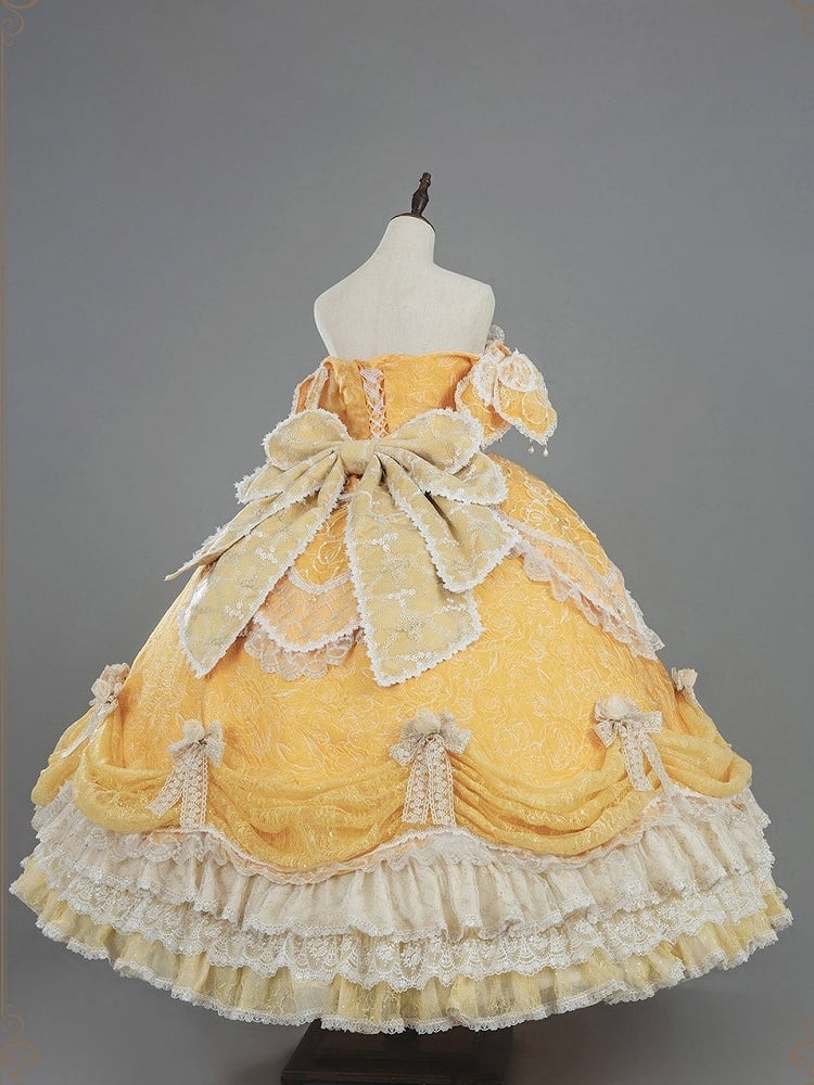 Lolita Layered Gown Lace Yellow Version and with Long Hanayome Ruffles Bow Hime Details Off-Shoulder