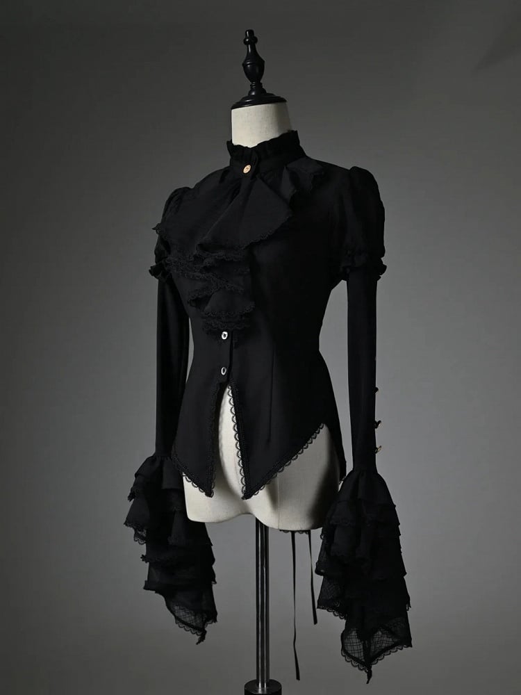 Ärmel Rüschen High Shirt Lang Schwarz High-Low Neck Jabot Saum