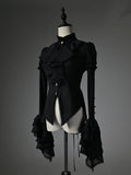 Ärmel Rüschen High Shirt Lang Schwarz High-Low Neck Jabot Saum