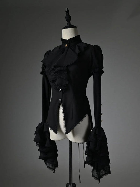 Sleeves Ruffled High Shirt Long Black High-low Neck Jabot Hem