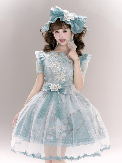 Sweet Green Fitted Waist Peter Pan Collar Floral Embroidery Blouse with Ruffle - Yimu Walnut