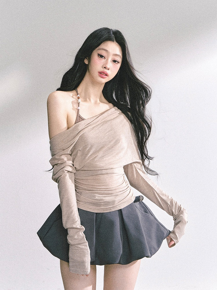 Pink/Khaki Asymmetrical Neckline Top Faux Two-pieces