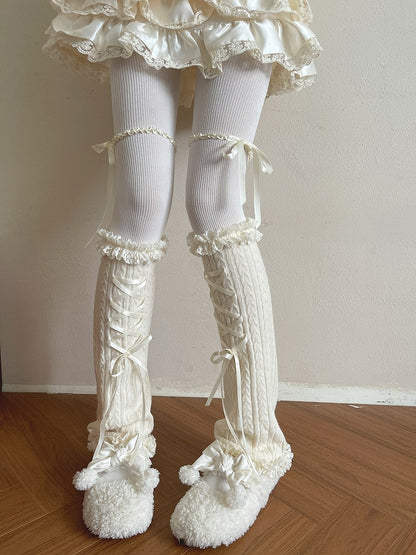 White Knit Lace with and Trim Leg Cable Bowknot Warmers Strip