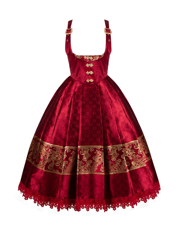 New Boned Red Chinoiserie Version Dress Under Year Lolita Long Waist Bust Gold