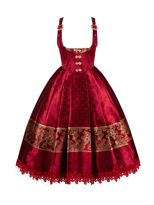 New Boned Red Chinoiserie Version Dress Under Year Lolita Long Waist Bust Gold