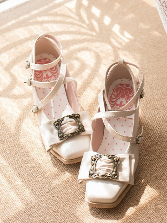 Frame Mid-heel Bow Picture Beige Design Classic Square Lolita at - Top Shoes Toe Vintage