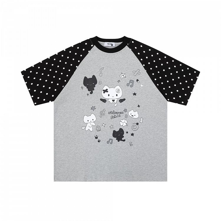 Grey Crew Neck Short Sleeve T-shirt with Kitten & Polka Dot - Languid Park