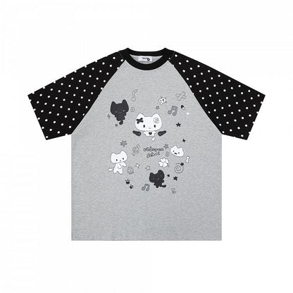 Grey Crew Neck Short Sleeve T-shirt with Kitten & Polka Dot - Languid Park