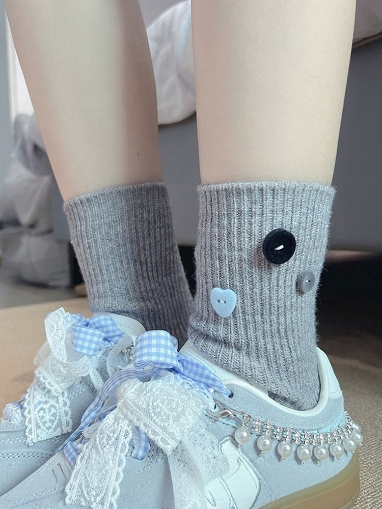 Milk White Sweet Button Decorated Calf Socks