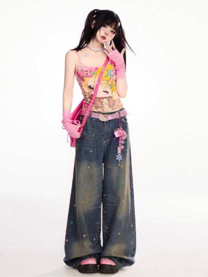 カラフルな水玉模様のダークブルーのダメージ加工ワイドレッグジーンズ
