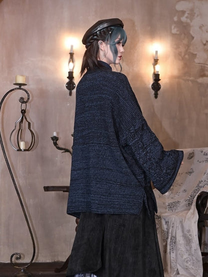 Design Navy Collar Cheongsam Goth Cardigan Self-tie Goldfish Embroidery - Crossover Strap