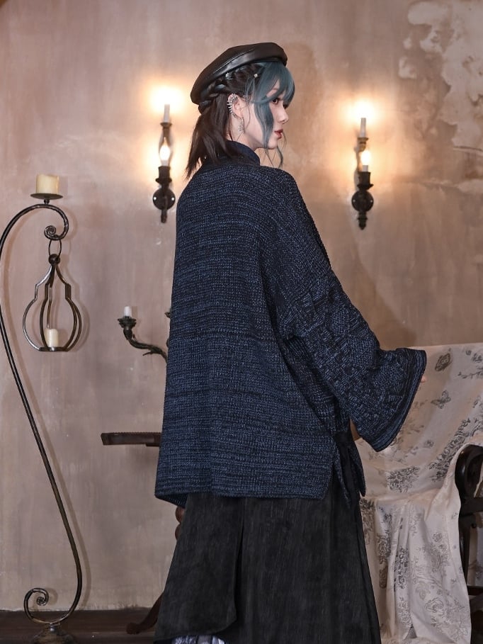 Design Navy Collar Cheongsam Goth Cardigan Self-tie Goldfish Embroidery - Crossover Strap