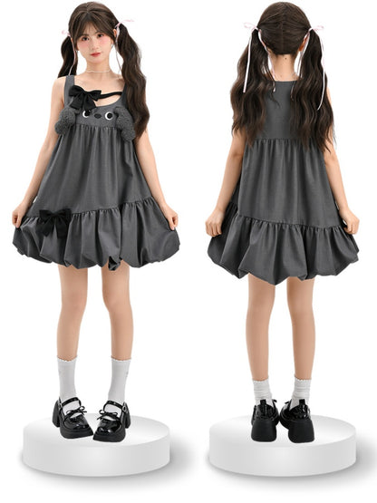 Design Bowknot Dress Bubble Skirt Accents Sleeveless Gray Plush Puppy Ears