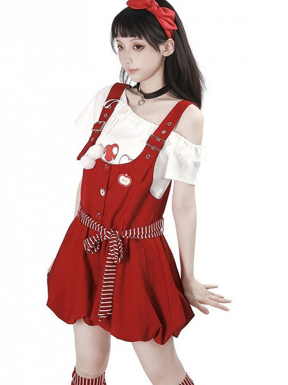 White Asymmetric T-Shirt with Apple Print and Lace - PINK SAVIOR