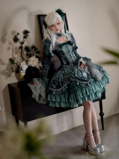 Green Detachable Long Bell Sleeves Snake Bones Embroidery Velvet Top