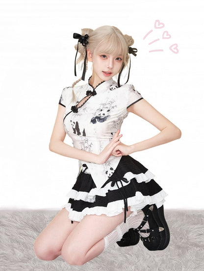 with Top Ink-Style Cheongsam-Inspired Panda Short Sleeve White