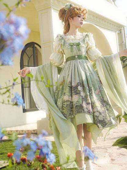 Saum JSK Set Malerei Taille Druck Taschentuch Lolita Rosen Grün Reich Öl