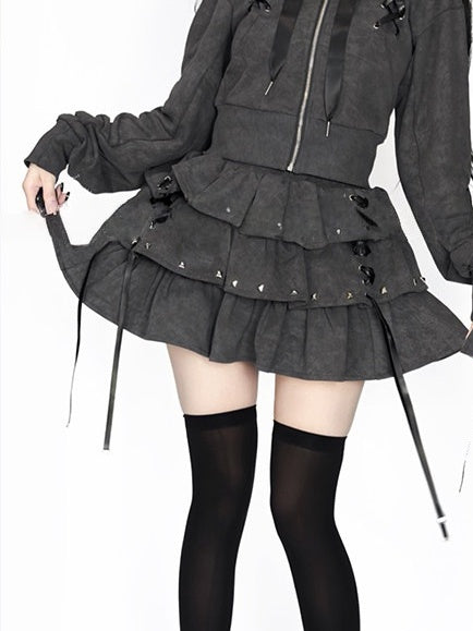 with Gray Studs Skirt Multi-Layer Cross-Decorated Kei Lace-Up Jirai Dark