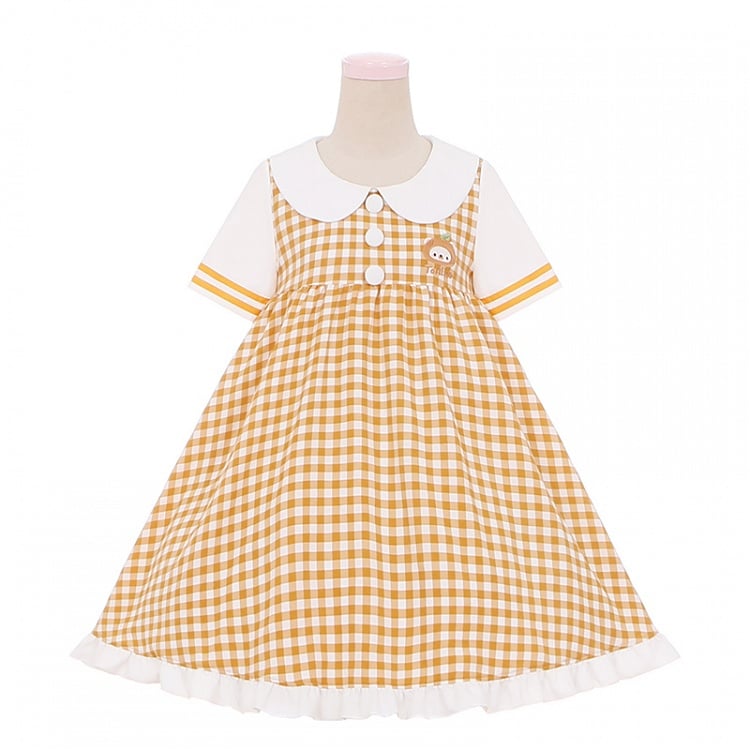 Orange Bear Peter Pan Collar Plaid Short Sleeves Dress