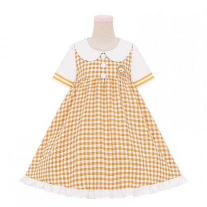 Orange Bear Peter Pan Collar Plaid Short Sleeves Dress