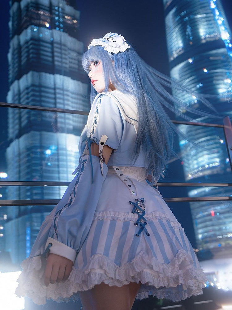 Kitty Light Bow Kaiwai Set Blaues JSK-Kleid Kurz geschnittenes Tenshi Lolita Sailor Striped Big Top Muster Ohren + - Kragen