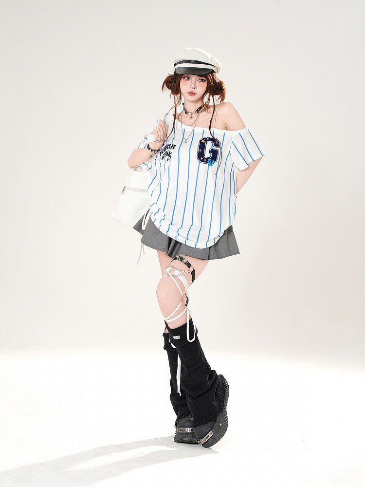 Asymmetrical Neckline Blokette Core White/Black Striped T-shirt
