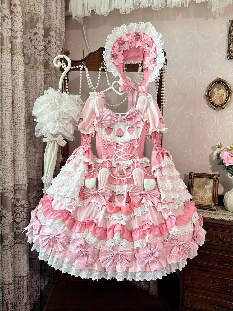 Trim Accents Lace Lolita Strawberry Bonnet Sweet Pink Bow