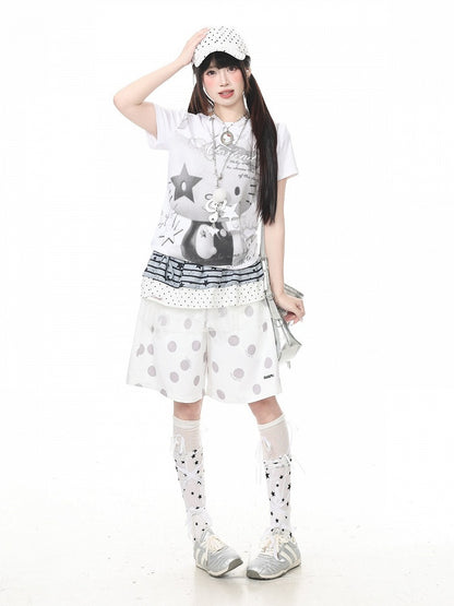 White Loose Fit Kawaii Polka Dot Bottoms - Languid Park