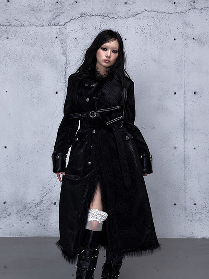 Coat 2-Way Pockets Belt Wasteland Functional Waist with Tie Black Punk