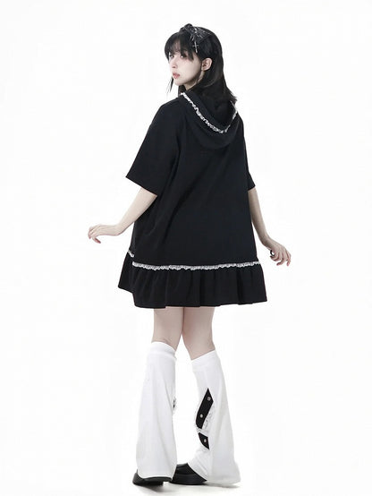 Black Cross Charms Contrast Girl Trim Dress Print Hooded Bittersweet Lace