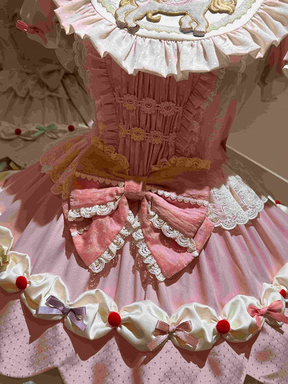 Cute Round Neck Bow Ruffle Dress with 3D Horse Embroidery in Pink & Purple - Sweet Dream Box