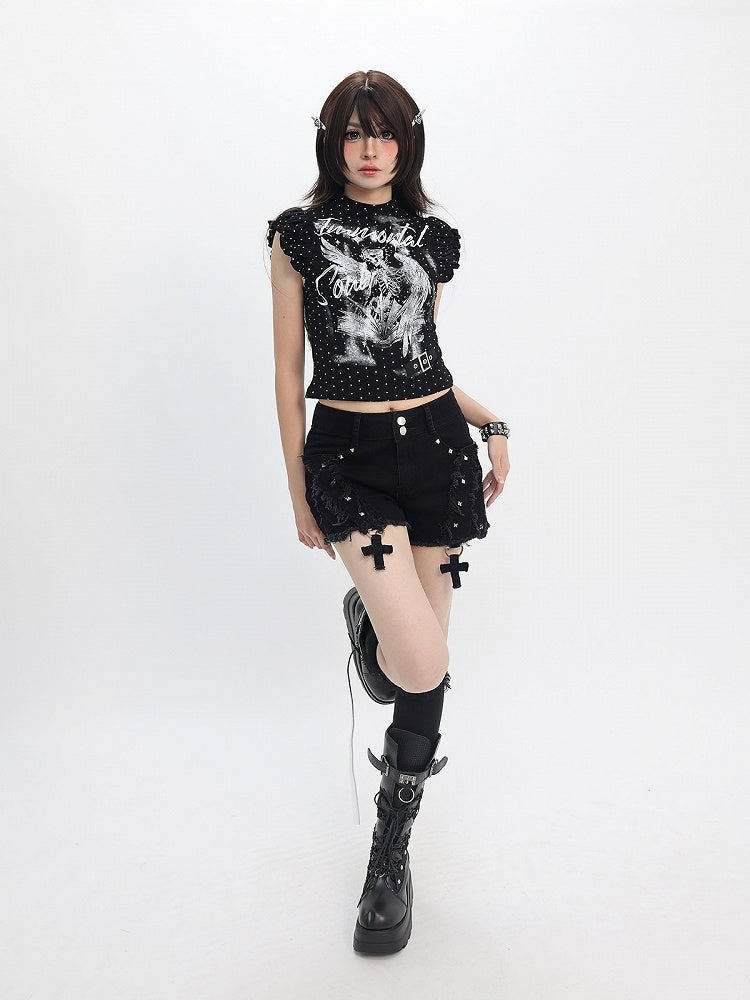 Sweet Kawaii Black Distressed Shorts with Rivet and Cross Decor - Catwish