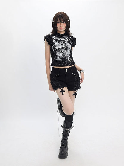 Sweet Kawaii Black Distressed Shorts with Rivet and Cross Decor - Catwish