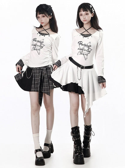 Black Plaid Skirt with Faux Layered Folded Waistband & Metallic Chain Accent - PINK SAVIOR