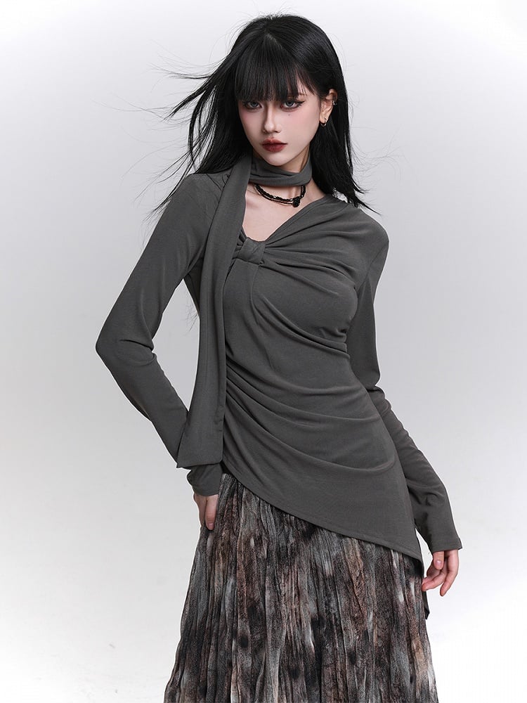 Gray/Black Long Sleeve Top with Gathering Details and Asymmetrical Neckline