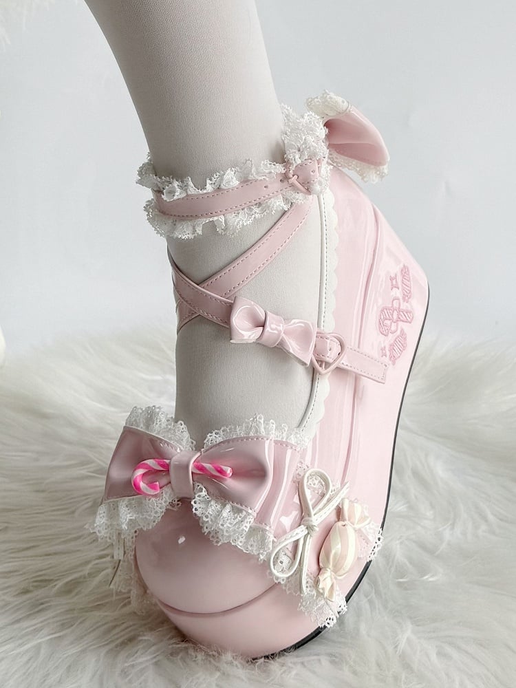 Sweet with Theme Mary Bow PU Lolita Trim Lace Candy Janes Platform Accents Pink -