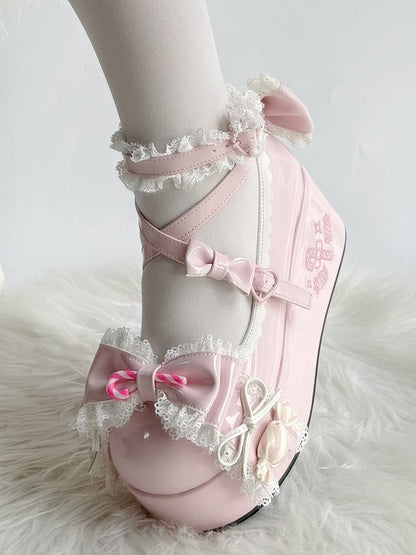 Sweet with Theme Mary Bow PU Lolita Trim Lace Candy Janes Platform Accents Pink -