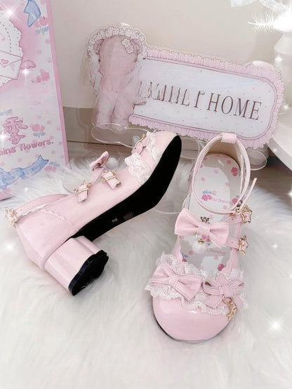 PU Sweet Star Mary Lace Decor Trim Janes Accents Leather Bow Pink with - Lolita