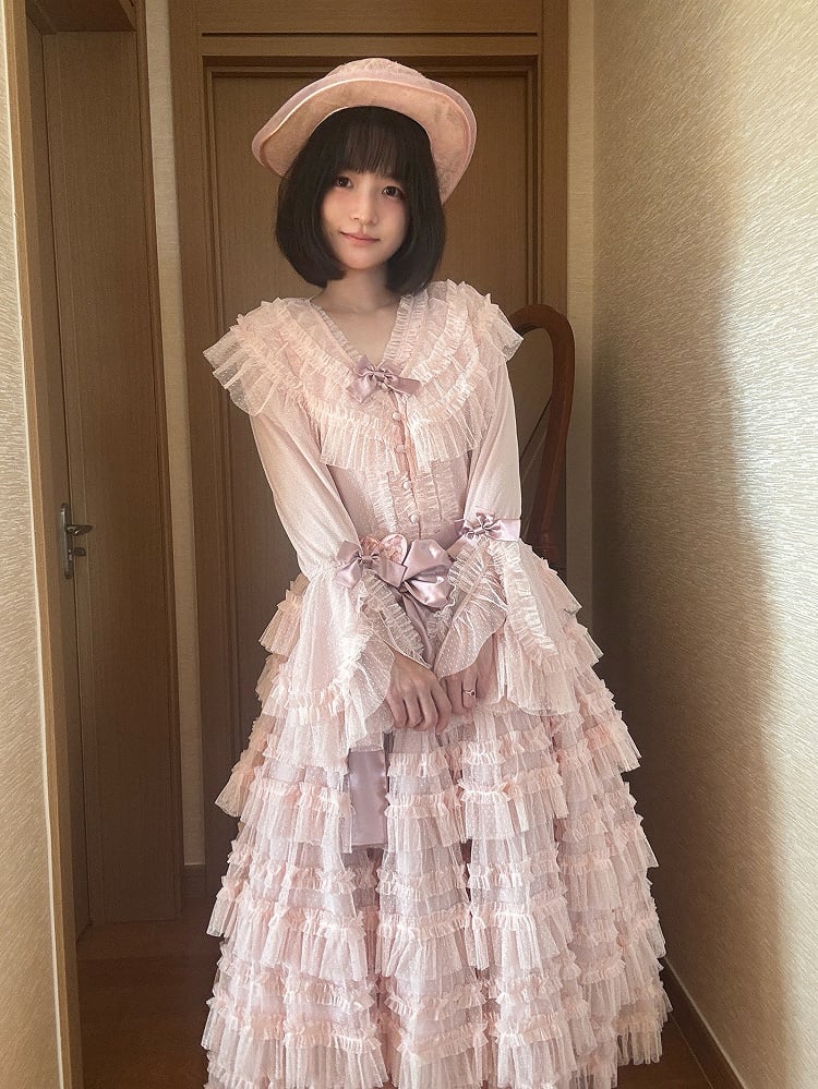 Mehrlagiges Set Bluse + Gürtel - Mesh Elegante Glockenärmel Taillenrock Lolita Baumwollweste Rosa Klassisch Tüll Gepunktet