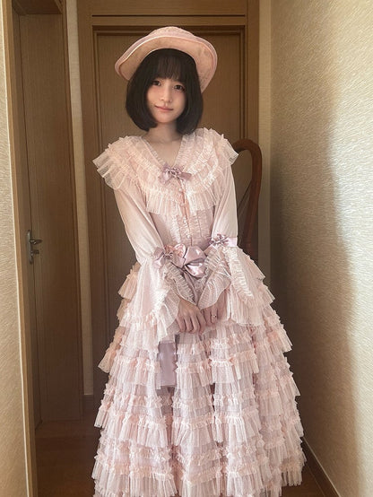 Multi-layered Set Blouse + Belt - Mesh Elegant Bell Sleeves Waist Skirt Lolita Cotton Vest Pink Classic Tulle Dotted