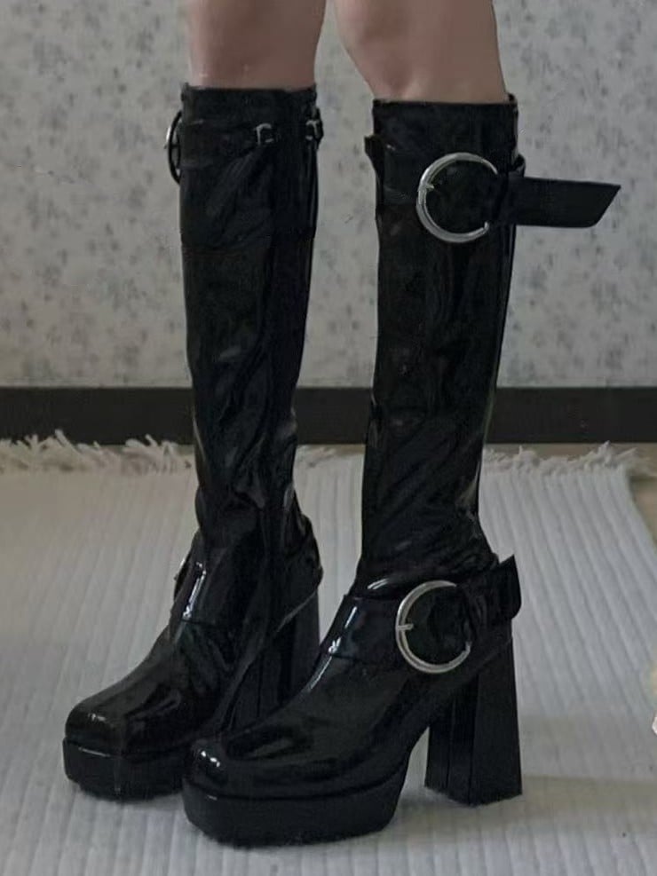 Polished - Toe Square Buckles Boots Black Zipper Inner Decorative with Knee-Length Platform