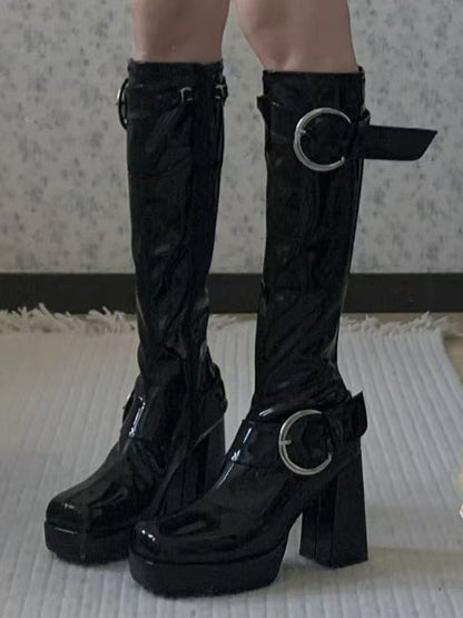 Polished - Toe Square Buckles Boots Black Zipper Inner Decorative with Knee-Length Platform